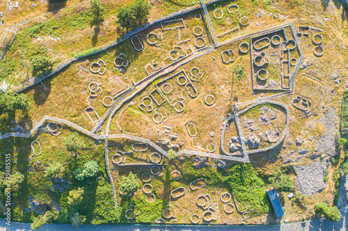 archaeological site of the Citania of Santa Luzia, ruins of a hillfort in Viana do Castelo. Aerial drone view photo