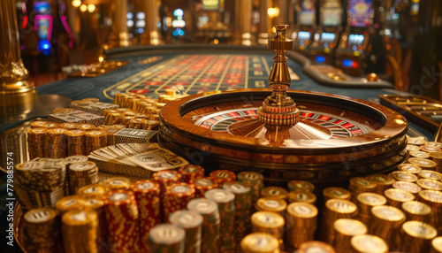 Luxury Casino Roulette Table with Stacks of Chips © wayne