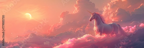 White unicorn standing amidst a sea of soft pink clouds, bathed in the ethereal glow of the setting sun