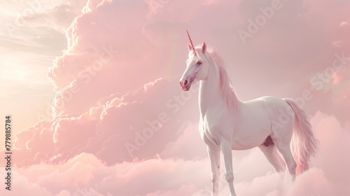 White unicorn standing amidst a sea of soft pink clouds, bathed in the ethereal glow of the setting sun