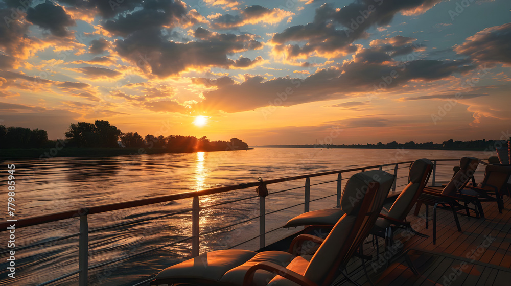 Sunset river cruise with inviting chairs - Ai Generated
