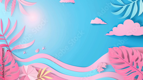 Tropical summer scene background with beach vacation holiday theme with pink waves layer  blue sky and copy space.