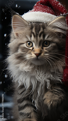 Kitten in Santa Hat with Snowflakes
