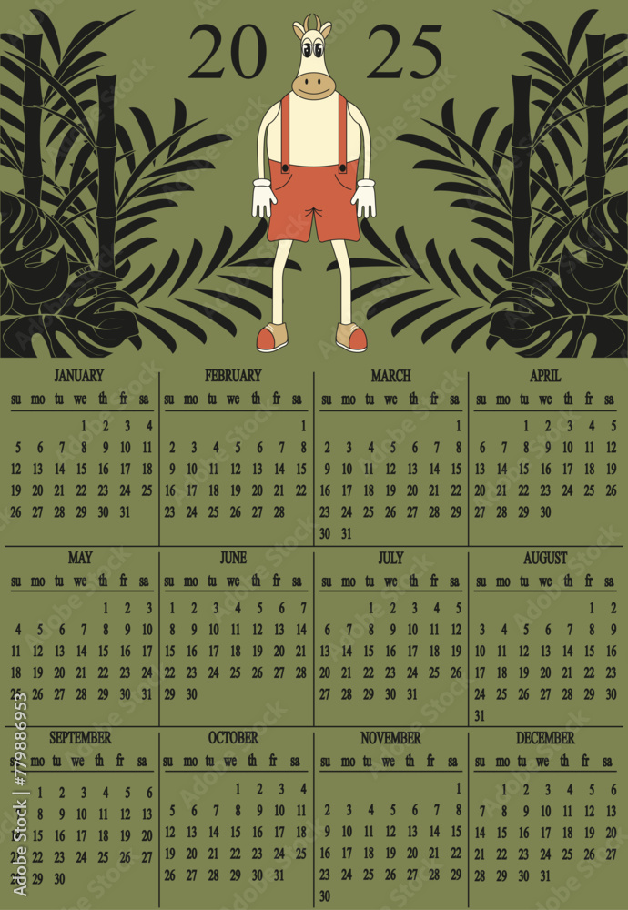 2025 Calendar Design with Funky Cartoonish Cow in Tropical forest