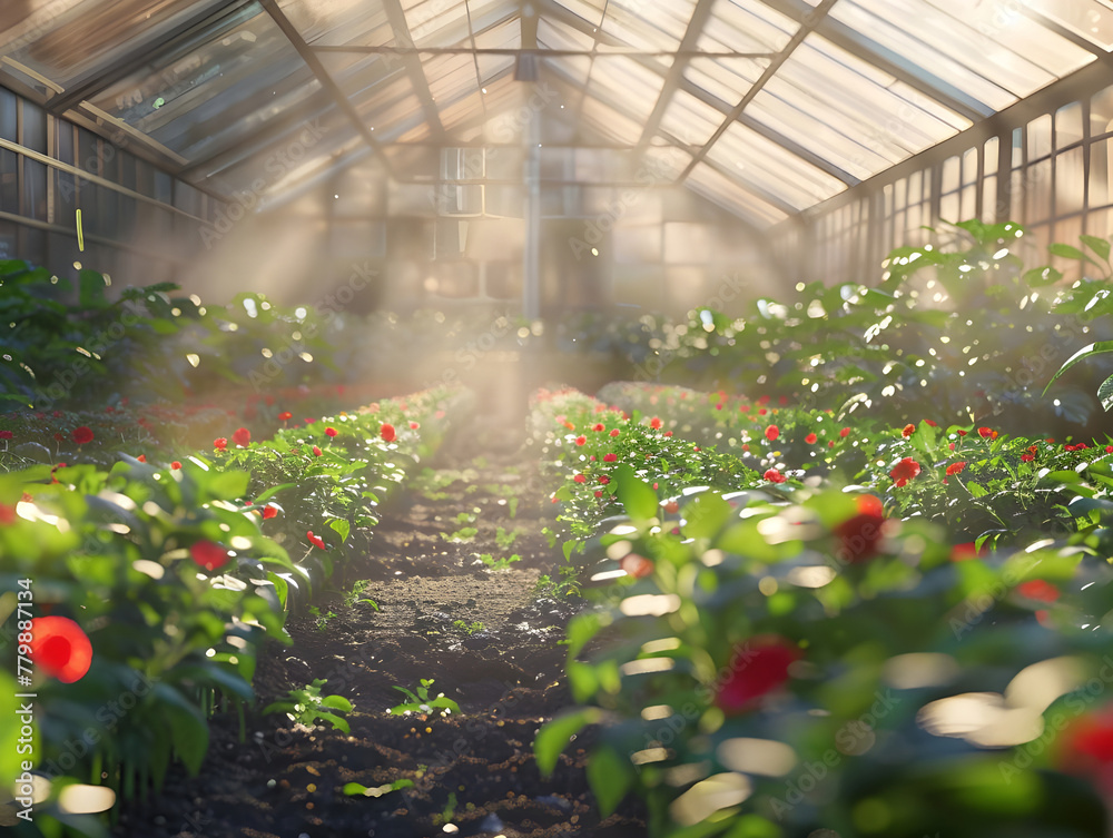 Watering in motion within bright greenhouse - Ai Generated