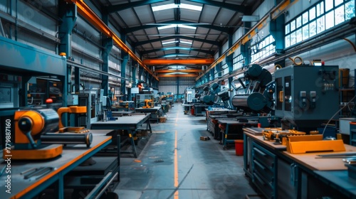 A wide shot of a workshop. The workshop is filled with tools and machinery. The workers are using the tools and machinery to repair and maintain the factory equipment. photo