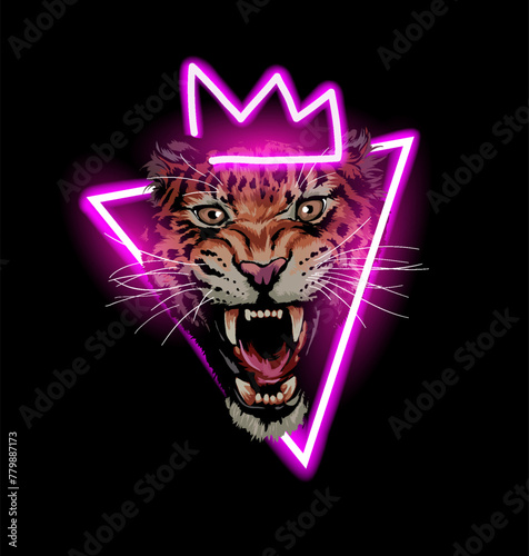 roaring leopard head on neon light triangle frame hand drawn vector illustration on black background