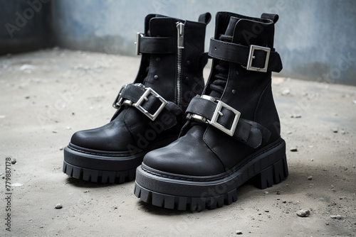 A pair of sleek black platform boots with silver buckle accents, against a concrete backdrop.