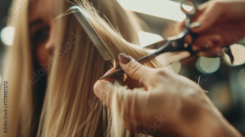 Close-up beauty salon imagery, hairstylist cutting blonde hair, Detail-oriented salon photography with scissors and comb in action on blonde hair,
