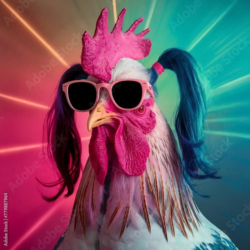 a pink rooster in sunglasses has hair and pigtails, in the style of exotic birds, photobashing, stanley pinker, luminous hues, pigeoncore, avacadopunk. photo