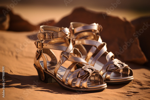 A pair of strappy gladiator sandals in a metallic bronze shade, against a desert sand backdrop. photo