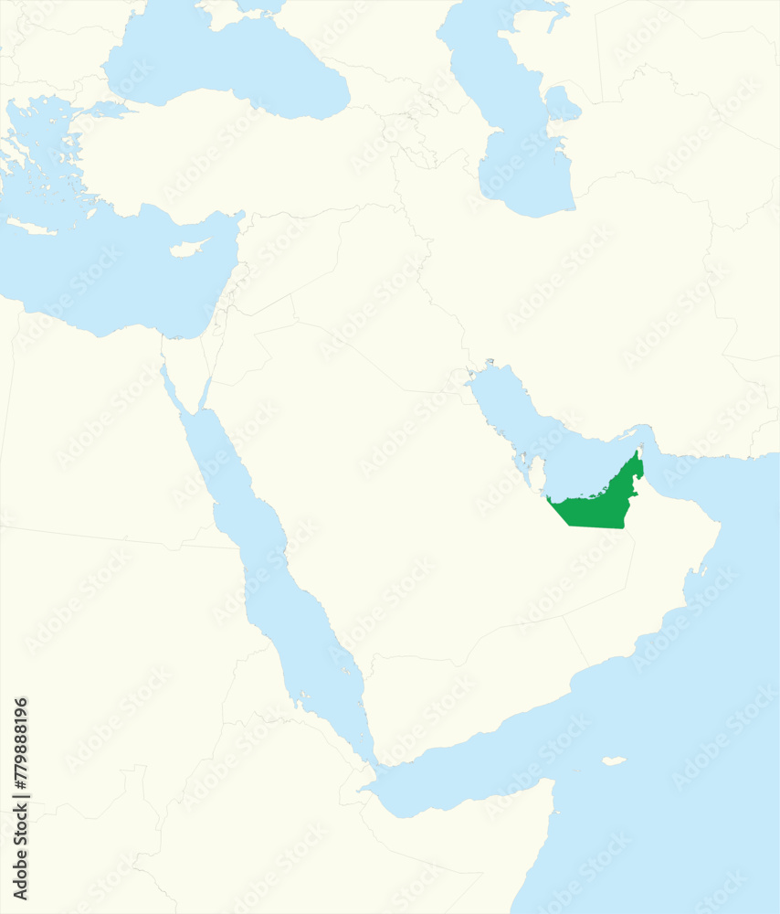Green detailed blank political map of UNITED ARAB EMIRATES with black borders on beige continent background and blue sea surfaces using orthographic projection of the Middle East