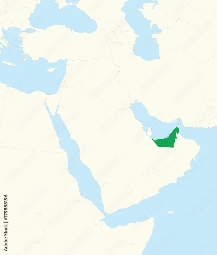Obraz premium Green detailed blank political map of UNITED ARAB EMIRATES with black borders on beige continent background and blue sea surfaces using orthographic projection of the Middle East