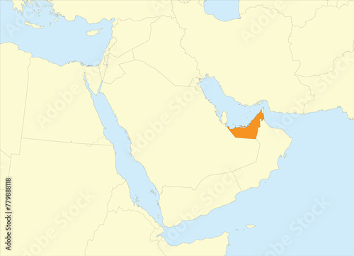 Orange detailed blank political map of UNITED ARAB EMIRATES with black borders on beige continent background and blue sea surfaces using orthographic projection of the Middle East