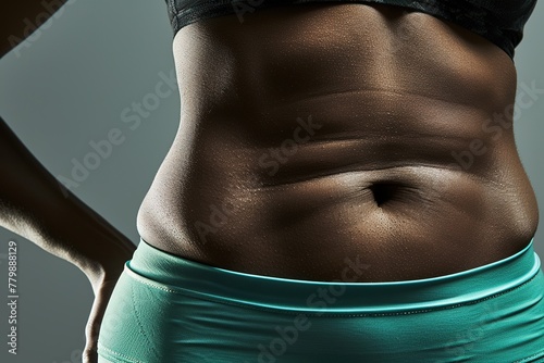 Close-up of the abdomen of a black woman with a slight love handle, wearing low-waisted turquoise sportswear, sweating after training, with a gray background