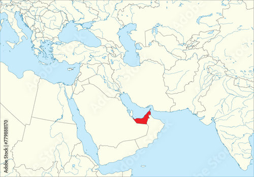 Red detailed blank political map of UNITED ARAB EMIRATES with black borders on white continent background, blue sea surfaces and rivers using orthographic projection of the Middle East