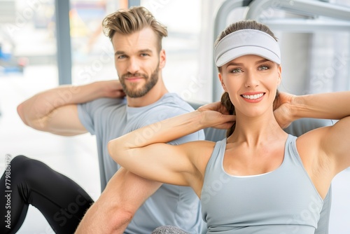 A young handsome couple in their 20's pose in the gym flexing their muscles looking at the camera during their workout. Brightly lit space in bright tones