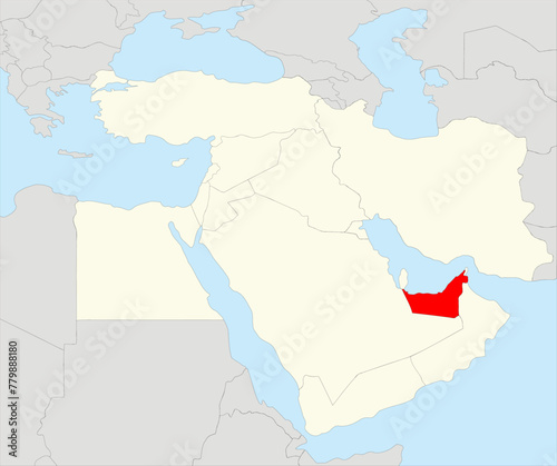 Red simple blank political map of UNITED ARAB EMIRATES with black borders on gray  continent background and blue sea surfaces using orthographic projection of the highlighted beige Middle East