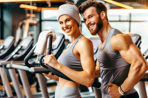 Portrait of a smiling couple in their mid-20s in good physical shape, both posing facing the camera amidst exercise equipment in an uncrowded gym photo