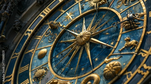 a gold and blue clock with zodiac signs on it's face