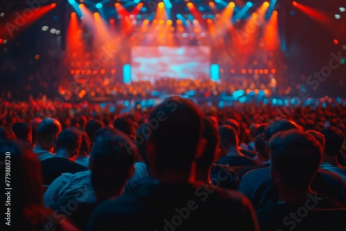 A lively crowd of spectators immersed in the atmosphere at a vibrant music festival concert with bright stage lights.