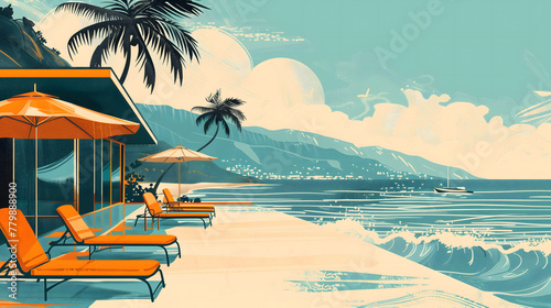 Illustration of a vintage postcard with a seaside villa in a tropical resort