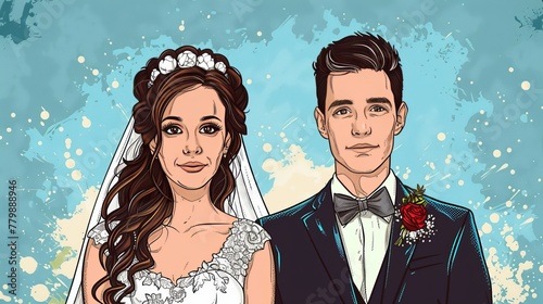 Portrait of bride and groom at wedding in comic style illustration.