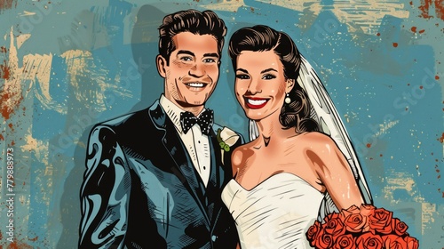 Portrait of bride and groom at wedding in comic style illustration.