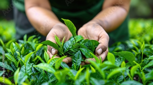 Close-up of human hands holding gently tea leaves, concept of sustainable agriculture and careful farming practices