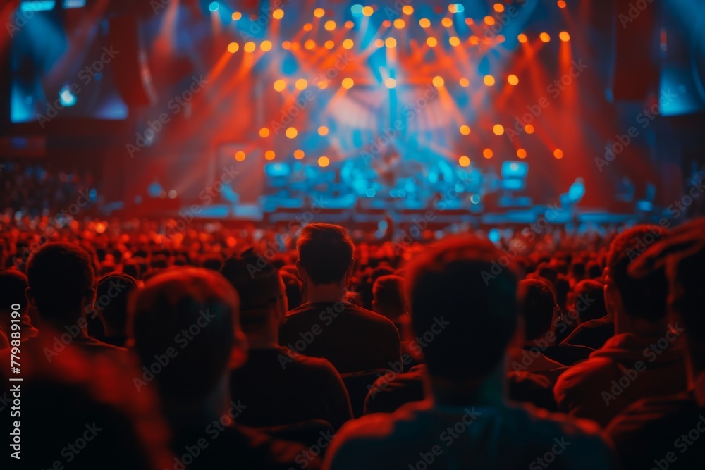 Obraz premium Audience members immersed in the vibrant atmosphere of a live concert with stage lights and band performing.