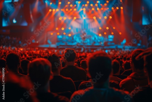 Audience members immersed in the vibrant atmosphere of a live concert with stage lights and band performing.