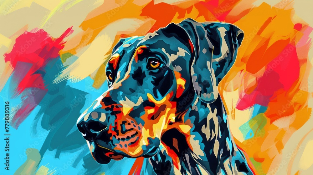 Portrait of great dane dog. Colorful comic style painting illustration. - obrazy, fototapety, plakaty 