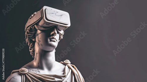 Statue of a Greek statue wearing virtual reality glasses on black background 
