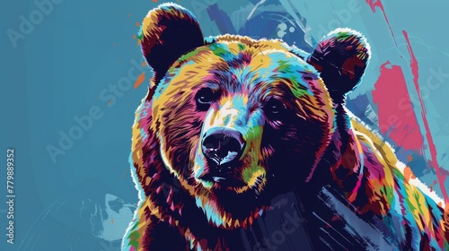 Portrait of grizzly bear. Colorful comic style painting illustration.