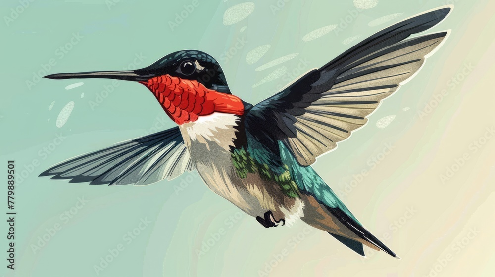 Obraz premium Portrait of Ruby Throated Hummingbird. Colorful comic style painting illustration.