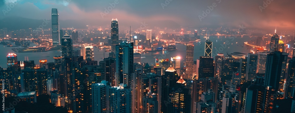 a cityscape with a lot of tall buildings at night time with lights on them - obrazy, fototapety, plakaty 