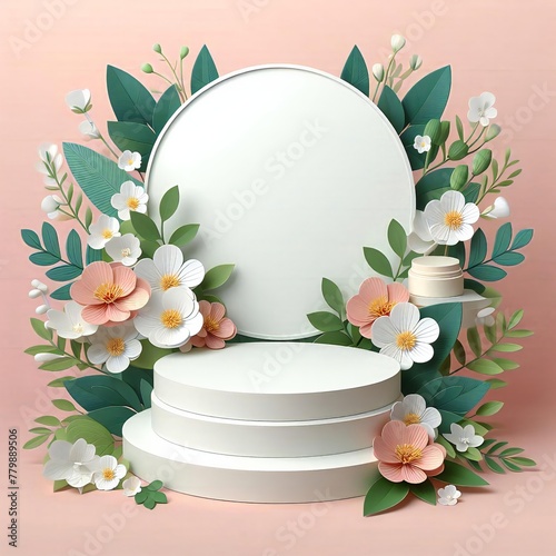A white pedestal with white background and a floral design © Екатерина Переславце