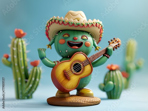 Cartoon character cactus plays guitar.