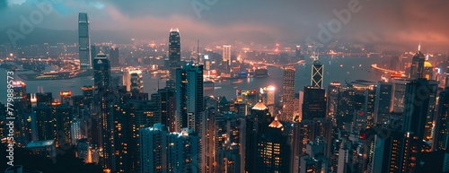 a cityscape with a lot of tall buildings at night time with lights on them © progressman
