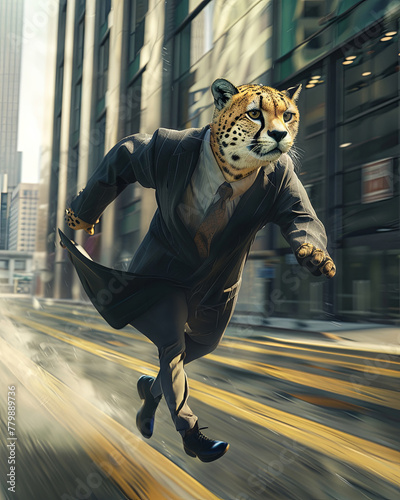 A cheetah-headed robot in a sports coat sprints through day trading, realistic , cinematic style.