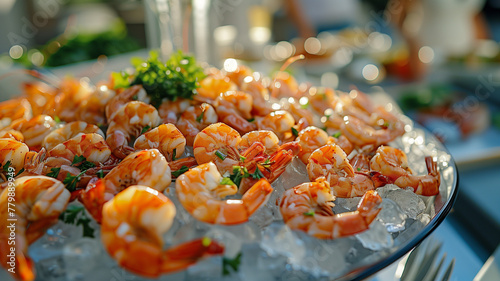 shrimp on ice. Catering with shrimp. Seafood outdoors photo