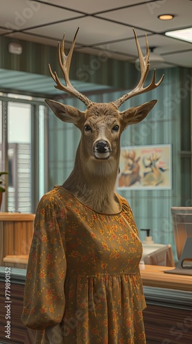 A deer receptionist in an elegant dress greets visitors with grace and efficiency at the hospital, realistic ,  cinematic style. photo