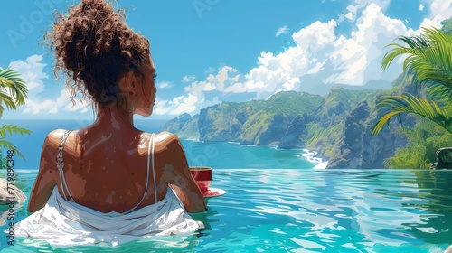 Girl resting on vacation having breakfast with coffee at the pool overlooking mountains  sea  and ocean in a digital illustration