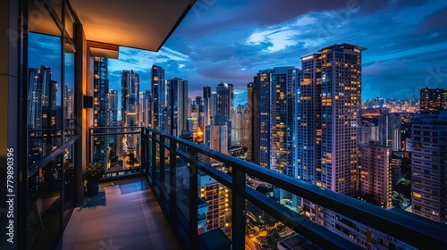 A view of the apartment from the balcony. The balcony overlooks a city skyline. The city skyline is lit up at night, and it is a beautiful sight.