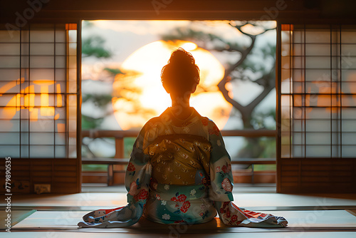 A tranquil silhouette of a person in a kimono, seated in peaceful contemplation as the sunsets