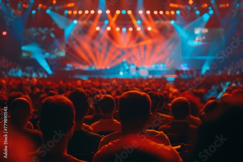 A view from the audience at a live concert, showcasing a crowd immersed in the performance with dynamic, colorful stage lighting.