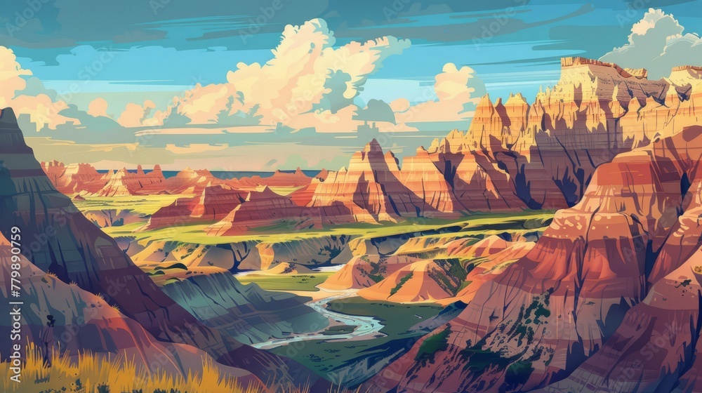 Beautiful scenic view of Badlands National Park, South Dakota in the United states of America. Colorful comic style painting illustration.