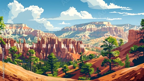 Beautiful scenic view of Bryce Canyon National Park, Utah in the United states of America. Colorful comic style painting illustration.