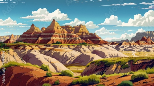 Beautiful scenic view of Badlands National Park, South Dakota in the United states of America. Colorful comic style painting illustration.