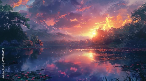 a painting of a sunset over a lake with lily pads in the foreground and a mountain in the background